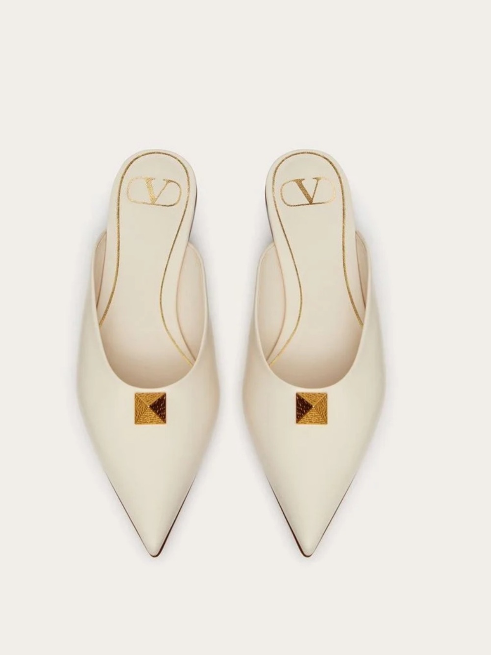 Valentino Garavani Cream Pointed Roman Stud Slip-On Mules